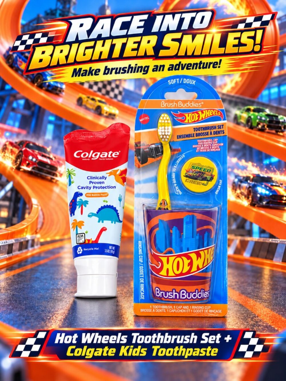 Hot Wheels Brush Buddies Kids Toothbrush Set w/ Cup Cap + Colgate Toothpaste